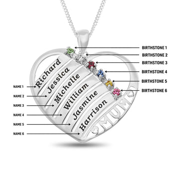 Personalised Engravable Heart with Birthstones Necklace on 45cm Chain in Sterling Silver