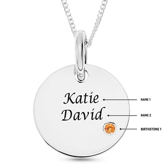 Personalised Engravable Disc Charm with Birthstone on 45cm Chain in Sterling Silver