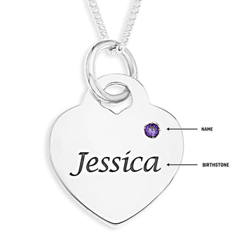 Personalised Engravable Heart Charm with Birthstone on 45cm Chain in Sterling Silver