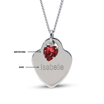 Personalised Engravable Heart Charm with Birthstone Necklace on 45cm Chain in Sterling Silver