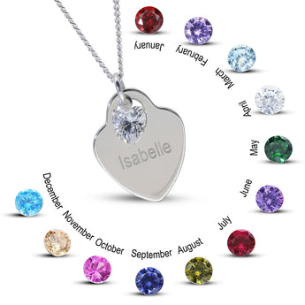 Personalised Engravable Heart Charm with Birthstone Necklace on 45cm Chain in Sterling Silver