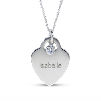 Personalised Engravable Heart Charm with Birthstone Necklace on 40cm Chain in Sterling Silver