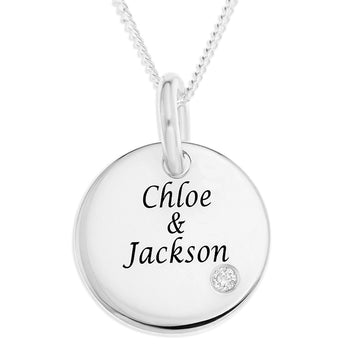 Personalised Engravable Round Tag with Diamond Necklace on 40cm Chain in Sterling Silver