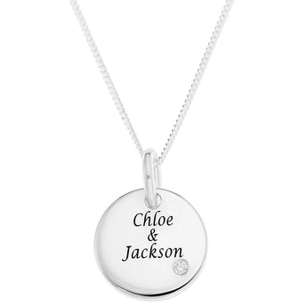 Personalised Engravable Round Tag with Diamond Necklace on 40cm Chain in Sterling Silver