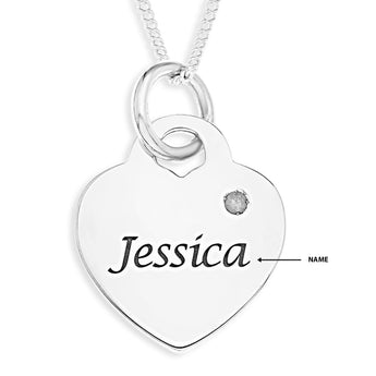 Personalised Engravable Heart Charm with Diamond Necklace on 45cm Chain in Sterling Silver