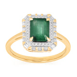 Natural Emerald and Diamond Halo Ring in 9ct Yellow Gold