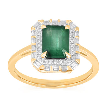 Natural Emerald and Diamond Halo Ring in 9ct Yellow Gold