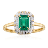 Natural Emerald and Diamond Halo Ring in 9ct Yellow Gold
