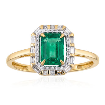 Natural Emerald and Diamond Halo Ring in 9ct Yellow Gold