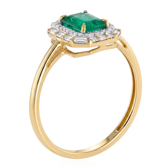 Natural Emerald and Diamond Halo Ring in 9ct Yellow Gold