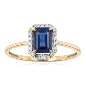 Natural Blue Sapphire and Diamond Halo Ring in 9ct Yellow Gold