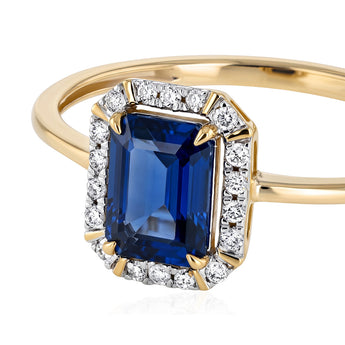 Natural Blue Sapphire and Diamond Halo Ring in 9ct Yellow Gold