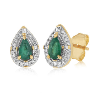 Natural Emerald and Diamond Stud Earrings in 9ct Yellow Gold