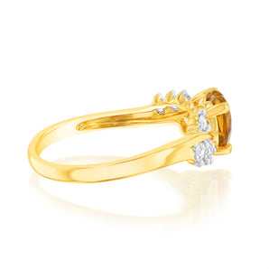 Luminesce Lab Grown 0.75 Carat Citrine Heart Ring with 1/5 Carat of Diamonds in 9ct Yellow Gold
