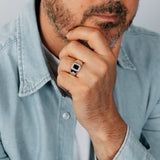 1.20ct Created Blue Sapphire and Luminesce Lab Grown 1/6 Carat Diamond Gents Ring in Sterling Silver