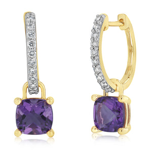 Luminesce Lab Grown 1/5 Carat Diamond and 1.20 Carat Natural Amethyst Earring in 9ct Yellow Gold