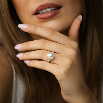 Luminesce Lab Grown 1/4 Carat Diamond and White South Sea Pearl Ring in 9ct Yellow Gold