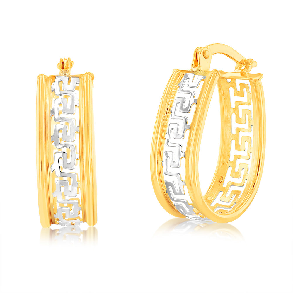 9ct Yellow Gold Silver Filled Oval Hoop Earrings with Greek Key of Life Design
