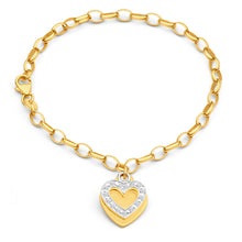 Load image into Gallery viewer, 9ct Yellow Gold Silver Filled Cubic Zirconia Belcher Heart Charm 19cm Bracelet