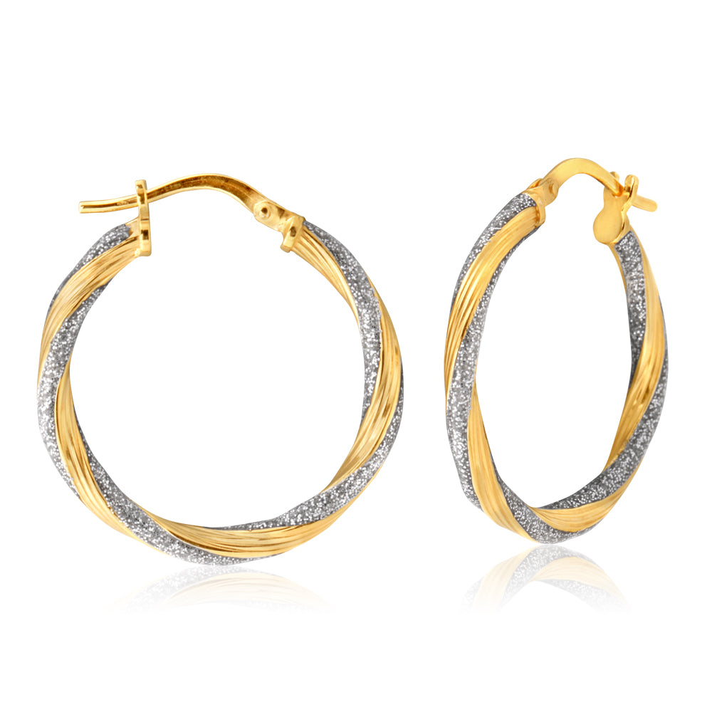9ct Yellow Gold Silver Filled Twist Stardust Enamel Earrings in 20mm