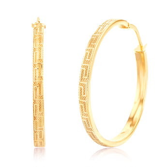 9ct Yellow Gold Silver Filled Greek Key Hoop Earrings