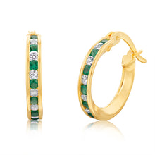Load image into Gallery viewer, 9ct Yellow Gold Silverfilled Green Cubic Zirconia 10mm Hoop Earrings