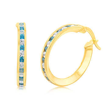 9ct Yellow Gold Silver Filled Blue Cubic Zirconia 15mm Hoop Earrings
