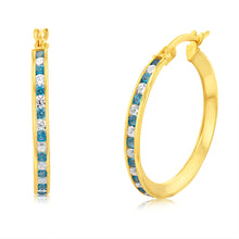 Load image into Gallery viewer, 9ct Yellow Gold Silverfilled Blue Cubic Zirconia 20mm Hoop Earrings
