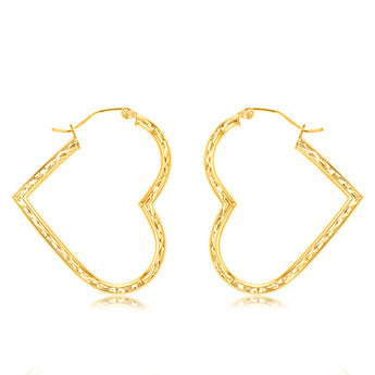 9ct Yellow Gold Silver Filled Diamond Cut Heart Hoop Earrings