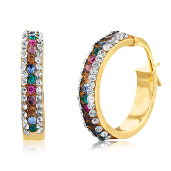 9ct Yellow Gold Silver Filled Multicolour And White Crystal 15mm Broad Hoop Earrings