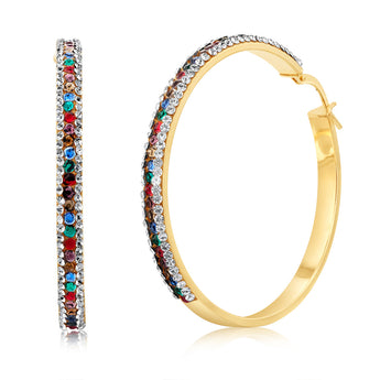 9ct Yellow Gold Silver Filled Multicolour And White Crystal 40mm Broad Hoop Earrings