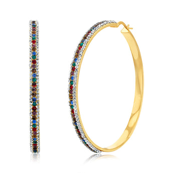 9ct Yellow Gold Silver Filled Multicolour And White Crystal 50mm Broad Hoop Earrings
