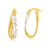 9ct Yellow And White Gold Silver Filled Diamond Cut Oval Hoop Earrings