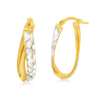 9ct Yellow And White Gold Silver Filled Diamond Cut Oval Hoop Earrings