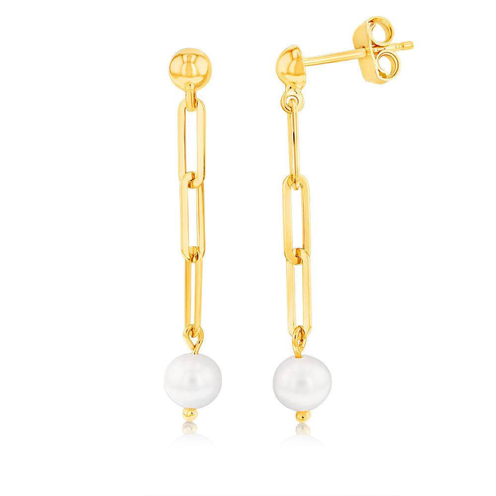 9ct Yellow Gold Silverfilled Pearl Links Drop Earrings
