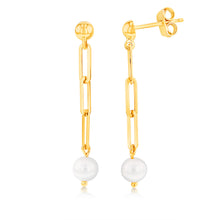 Load image into Gallery viewer, 9ct Yellow Gold Silverfilled Pearl Links Drop Earrings