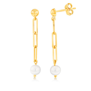 9ct Yellow Gold Silver Filled Pearl Links Drop Earrings