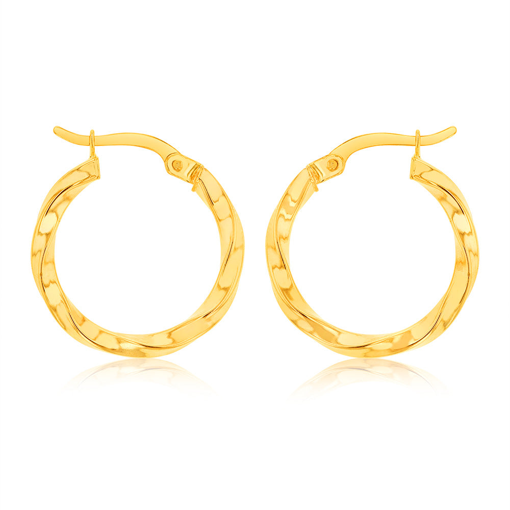 9ct Yellow Gold Silverfilled Double Side Diamond Cut Hoop Earrings