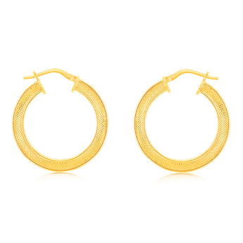 9ct Yellow Gold Silver Filled Patterned Square Tube 20mm Hoop Earrings