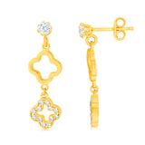 9ct Yellow Gold Silverfilled Zirconia Four Leaf Flower Drop Earrings
