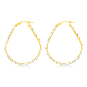 9ct Yellow Gold Silverfilled Textured Pear-Shaped Hoop Earrings