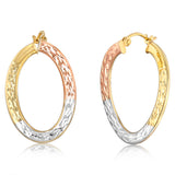 9ct Yellow, White and Rose Gold Tricolor Silverfilled Oval Diamond Cut Twist 18 x 25mm Earrings
