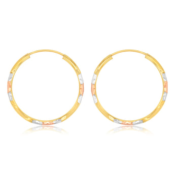 9ct Yellow White And Rose Gold Tricolour Silverfilled Diamond Cut 1.8 X 25mm Hoop Earrings
