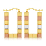 9ct Multitone Gold Silverfilled Patterned Rectangle Hoop Earrings