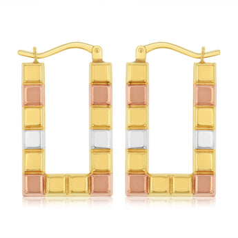 9ct Multitone Gold Silverfilled Patterned Rectangle Hoop Earrings