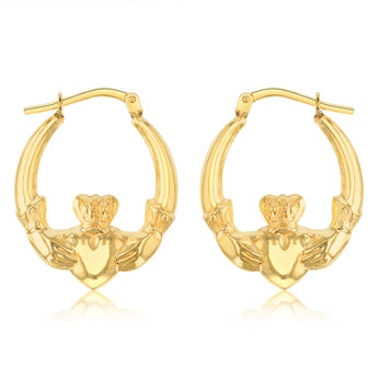 9ct Yellow Gold Silverfilled Claddagh Hoop Earrings