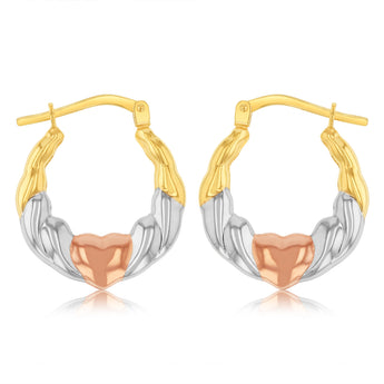 9ct Multitone Gold Silverfilled Heart Patterned Hoop Earrings