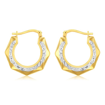 9ct Yellow Gold Silverfilled Diamond Cut Geometric Pattern Hoop Earrings