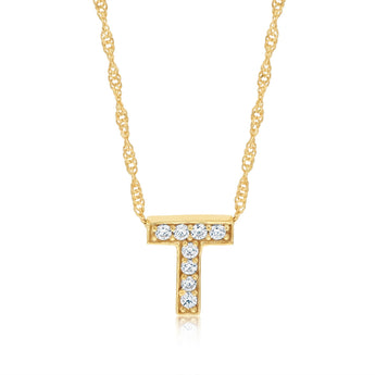 9ct Yellow Gold Silverfilled Cubic Zirconia Initial Letter "T" Pendant On Chain