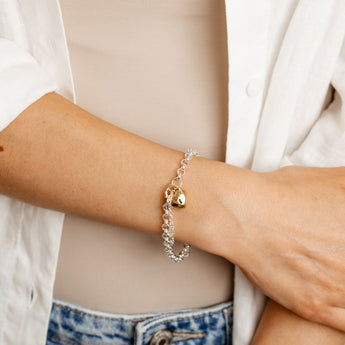 9ct Yellow Gold and Sterling Silver Heart Padlock 19cm Bracelet